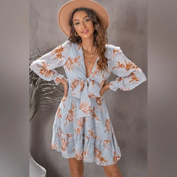 Floral Deep V Flounce Sleeve Mini Dress - Picture 5 of 11